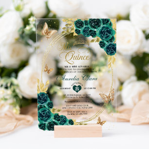 Floral Emerald Gold Tiara Butterfly Quinceañera Acrylic Invitations