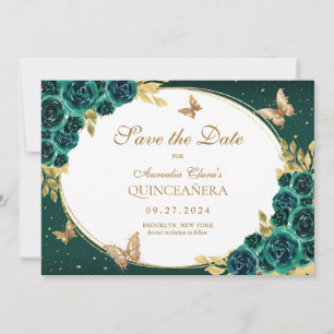 Floral Emerald Gold Tiara Butterfly Quinceañera Save The Date