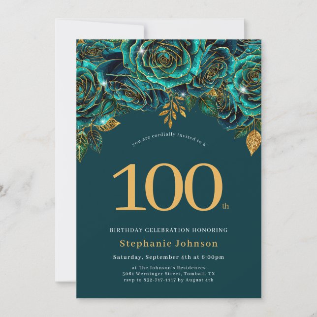 Floral Emerald Green and Gold 100th Birthday Invitation (Front)