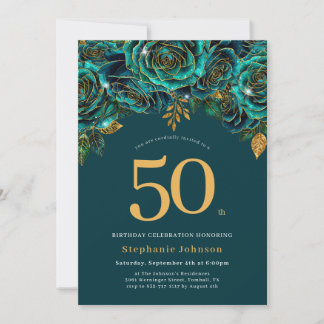 Floral Emerald Green and Gold 50th Birthday Invitation