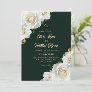 Floral Emerald Green and White Roses Wedding Invitation