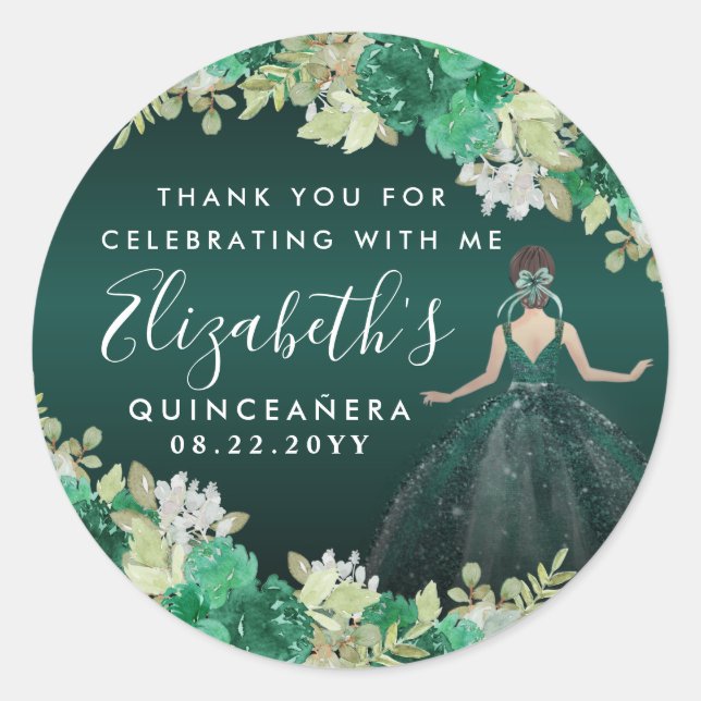 Floral Emerald Green Birthday Thanks Quinceanera Classic Round Sticker (Front)