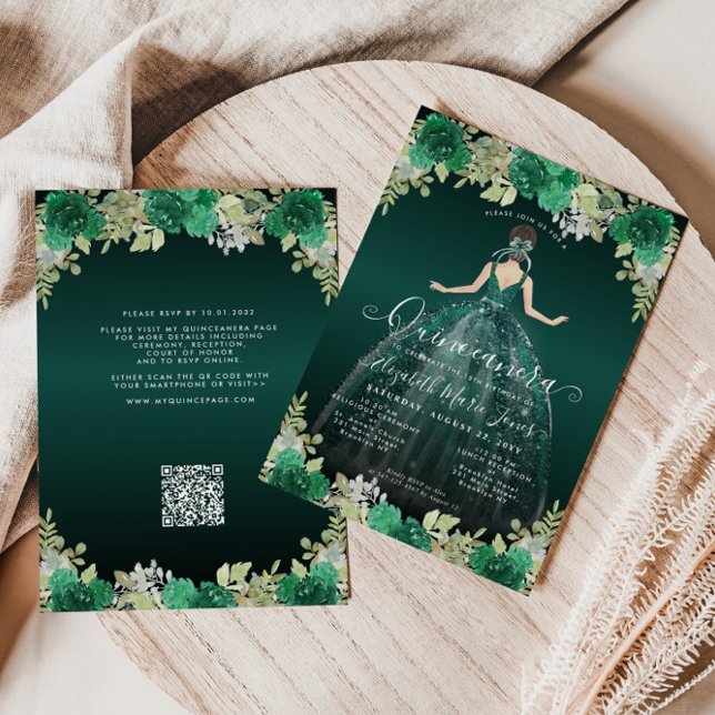Floral Emerald Green Dress Birthday QR Quinceanera Invitation (Creator Uploaded)