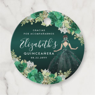 Floral Emerald Green Dress Birthday Quinceanera Favour Tags