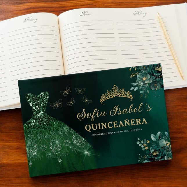 Floral Emerald Green Dress Birthday Quinceanera Gu Guest Book (Creator Uploaded)