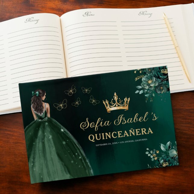 Floral Emerald Green Dress Birthday Quinceanera Guest Book (Creator Uploaded)