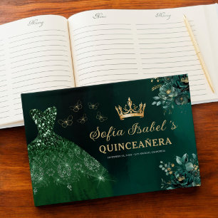 Floral Emerald Green Dress Birthday Quinceanera Guest Book