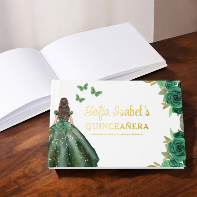 Floral Emerald Green Dress Birthday Quinceanera Guest Book (Creator Uploaded)