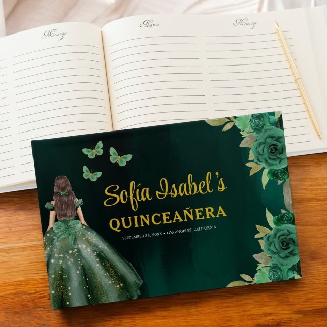 Floral Emerald Green Dress Birthday Quinceanera Guest Book (Creator Uploaded)