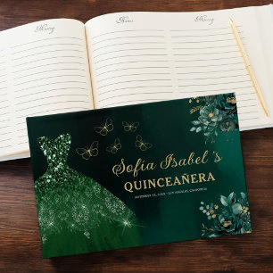 Floral Emerald Green Dress Birthday Quinceanera Guest Book