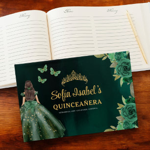 Floral Emerald Green Dress Birthday Quinceanera Guest Book