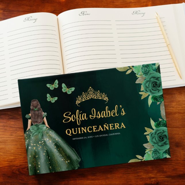 Floral Emerald Green Dress Birthday Quinceanera Guest Book (Creator Uploaded)
