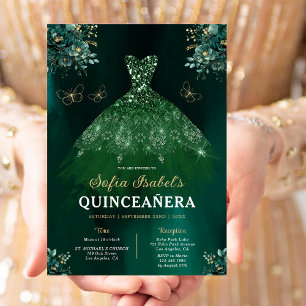 Floral Emerald Green Dress Birthday Quinceanera Invitation