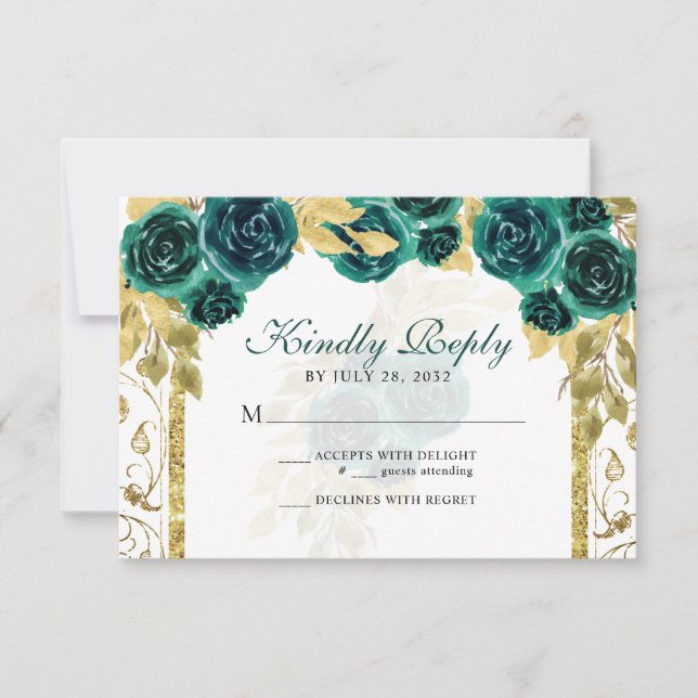 Floral Emerald Green Gold Arch Quinceañera RSVP Card (Front)