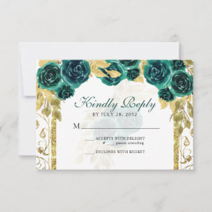 Floral Emerald Green Gold Arch Quinceañera RSVP Card