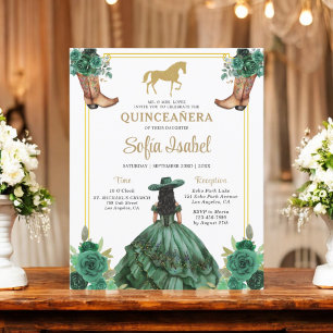 Floral Emerald Green Gold Boots Horse Quinceanera