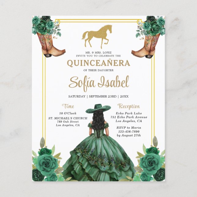 Floral Emerald Green Gold Boots Horse Quinceanera (Front)
