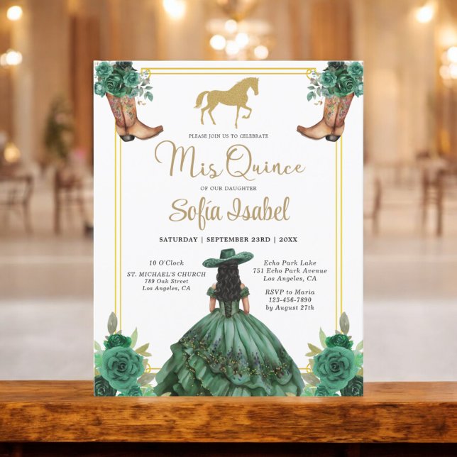 Floral Emerald Green Gold Boots Horse Quinceanera Flyer (Creator Uploaded)