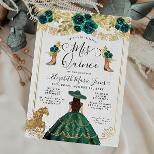 Floral Emerald Green Gold Boots Horse Quinceanera Invitation