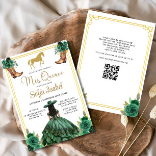 Floral Emerald Green Gold Boots Horse Quinceanera Invitation