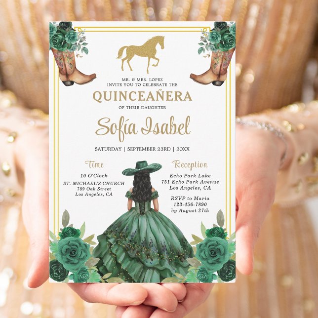 Floral Emerald Green Gold Boots Horse Quinceanera Invitation (Creator Uploaded)