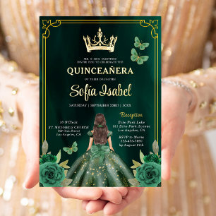 Floral Emerald Green Gold Butterfly Quinceanera