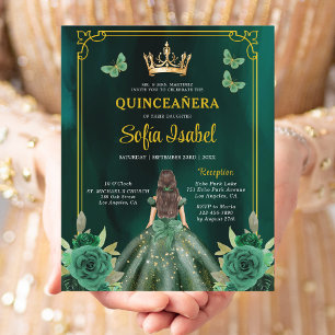 Floral Emerald Green Gold Butterfly Quinceanera