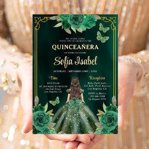 Floral Emerald Green Gold Butterfly Quinceanera