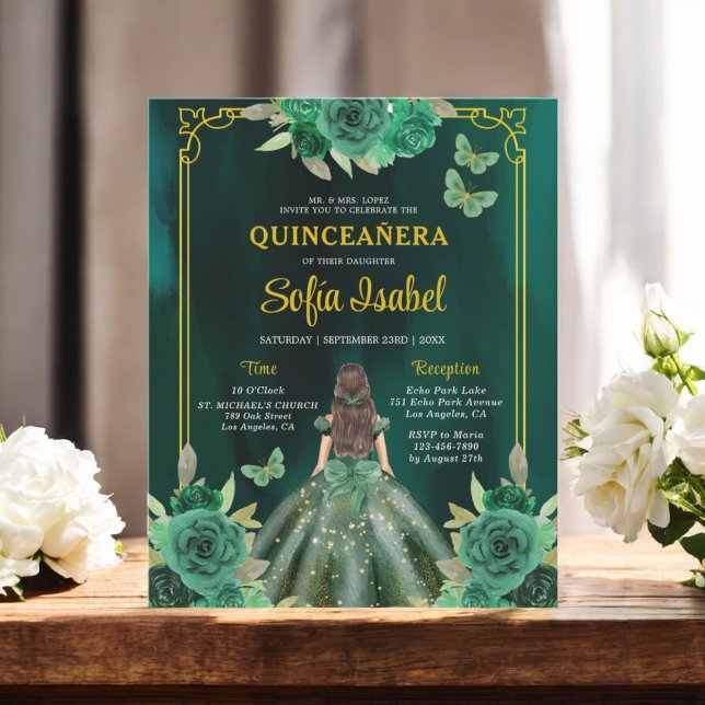 Floral Emerald Green Gold Butterfly Quinceanera (Creator Uploaded)