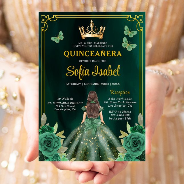Floral Emerald Green Gold Butterfly Quinceanera Invitation (Creator Uploaded)