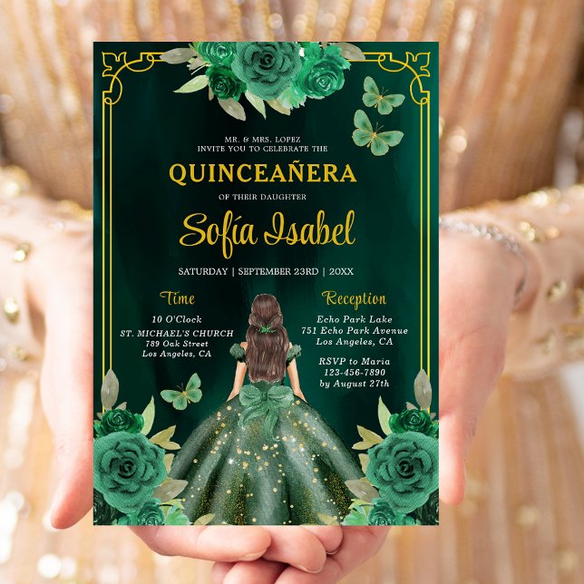Floral Emerald Green Gold Butterfly Quinceanera Invitation (Creator Uploaded)