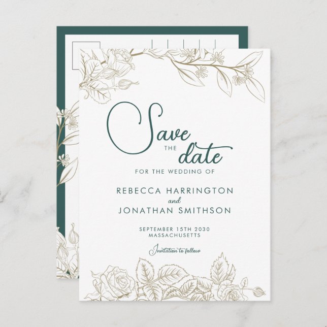 Floral Emerald Green Gold Wedding Save The Date Postcard (Front/Back)