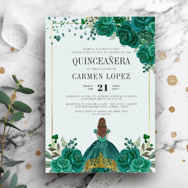 Floral Emerald Green Princess Quinceanera Invitation (Creator Uploaded)
