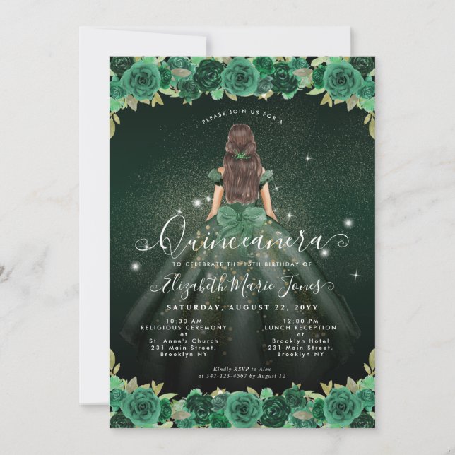 Floral Emerald Green Sparkle Birthday Quinceanera Invitation (Front)