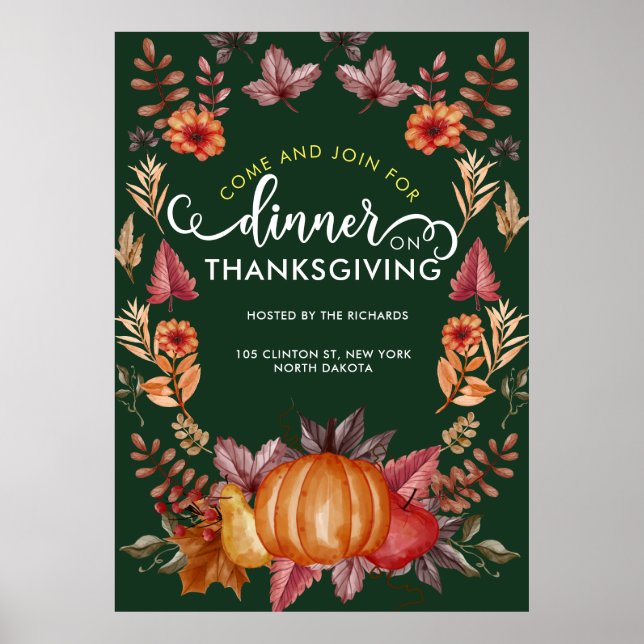 Floral Emerald Green Thanksgiving Dinner Poster (Front)