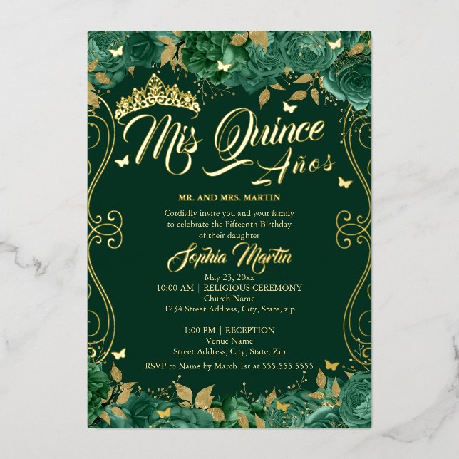Floral Emerald Scroll Mis Quince Quinceanera  (Front)