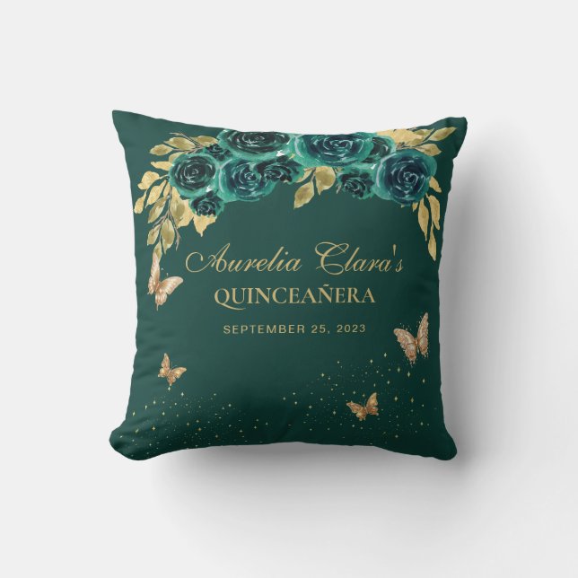 Floral Emerald Tiara Butterfly Quinceanera Cushion (Front)