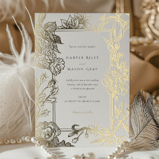 Floral Engraved Gold Foil Wedding Invitation
