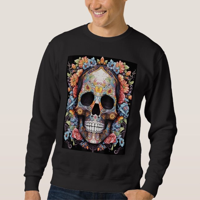 Floral Enigma Vibrant Skull and Blooming Flowers D Sweatshirt (Front)