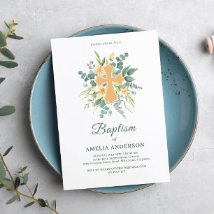 Floral Eucaliptus Gold Cross Baptism Elegant  Invitation