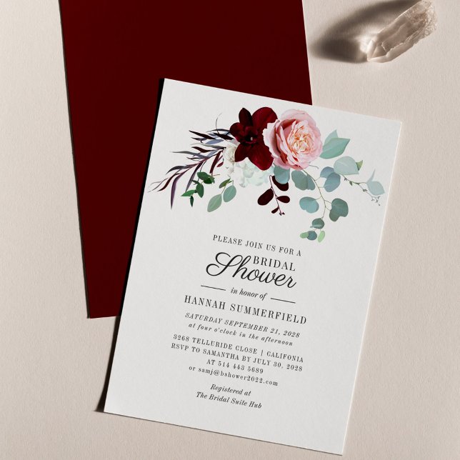 Floral Eucalyptus Bridal Shower Invitation Stationery (Burgundy Pink Floral Script Bridal Shower Invitation)