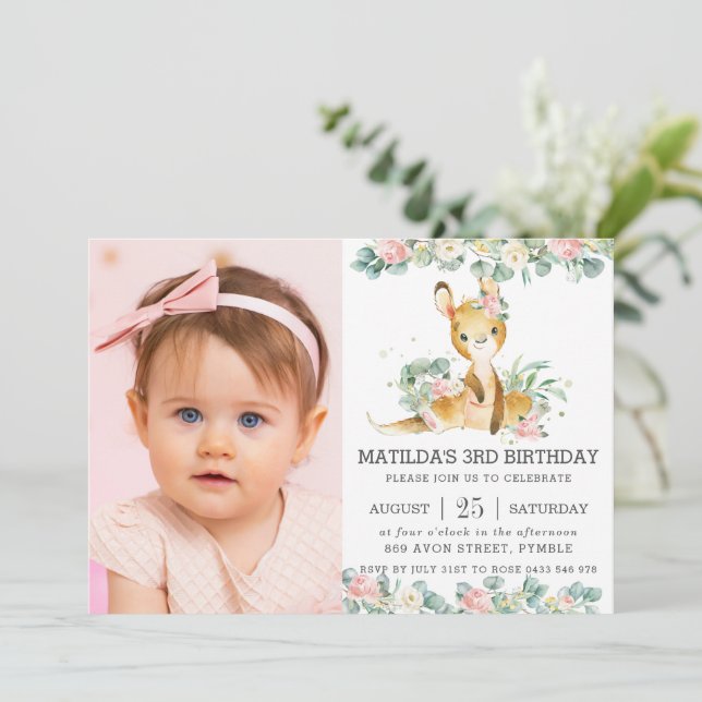 Floral Eucalyptus Cute Kangaroo Birthday Photo  Invitation (Standing Front)