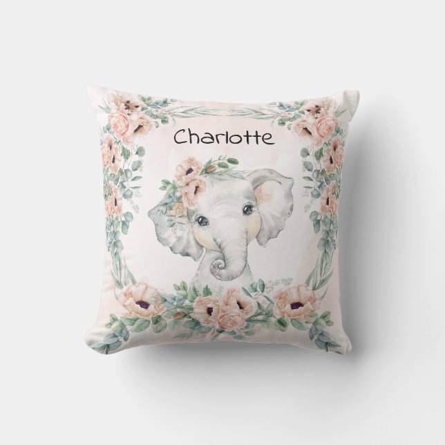 Floral Eucalyptus Elephant Baby Girl Nursery Cushion (Front)