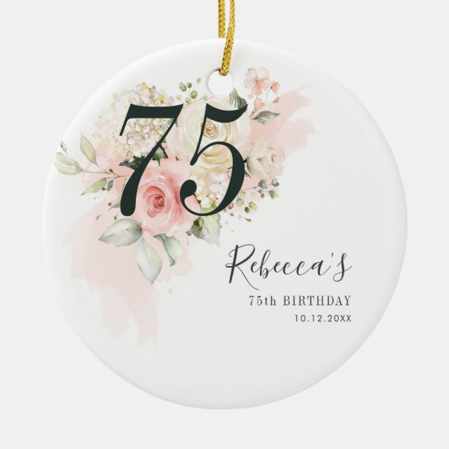 Floral Eucalyptus Foliage Pink 75th Birthday Ceramic Ornament (Front)