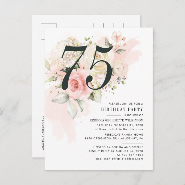 Floral Eucalyptus Foliage Pink 75th Birthday Party Invitation Postcard (Front/Back)