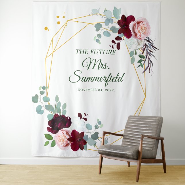 Floral Eucalyptus Geometric Bridal Shower Tapestry (In Situ)