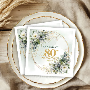 Floral Eucalyptus Gold 80th Birthday Party Napkins