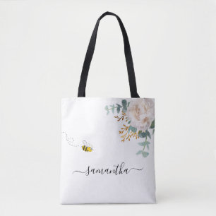 Floral Eucalyptus greenery bee name script Tote Bag