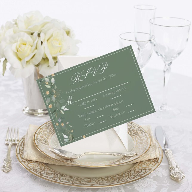 Floral Eucalyptus Greenery Gold Green Wedding RSVP Card (Creator Uploaded)