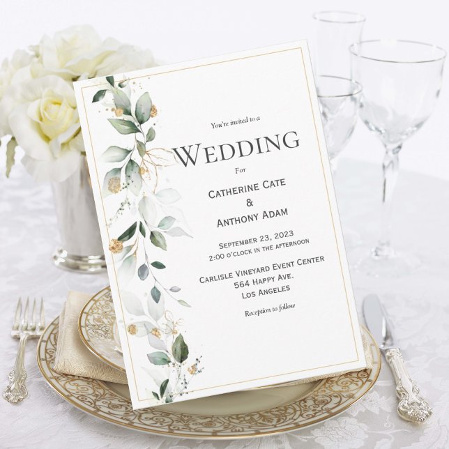 Floral Eucalyptus Greenery Gold Wedding Invitation (Creator Uploaded)